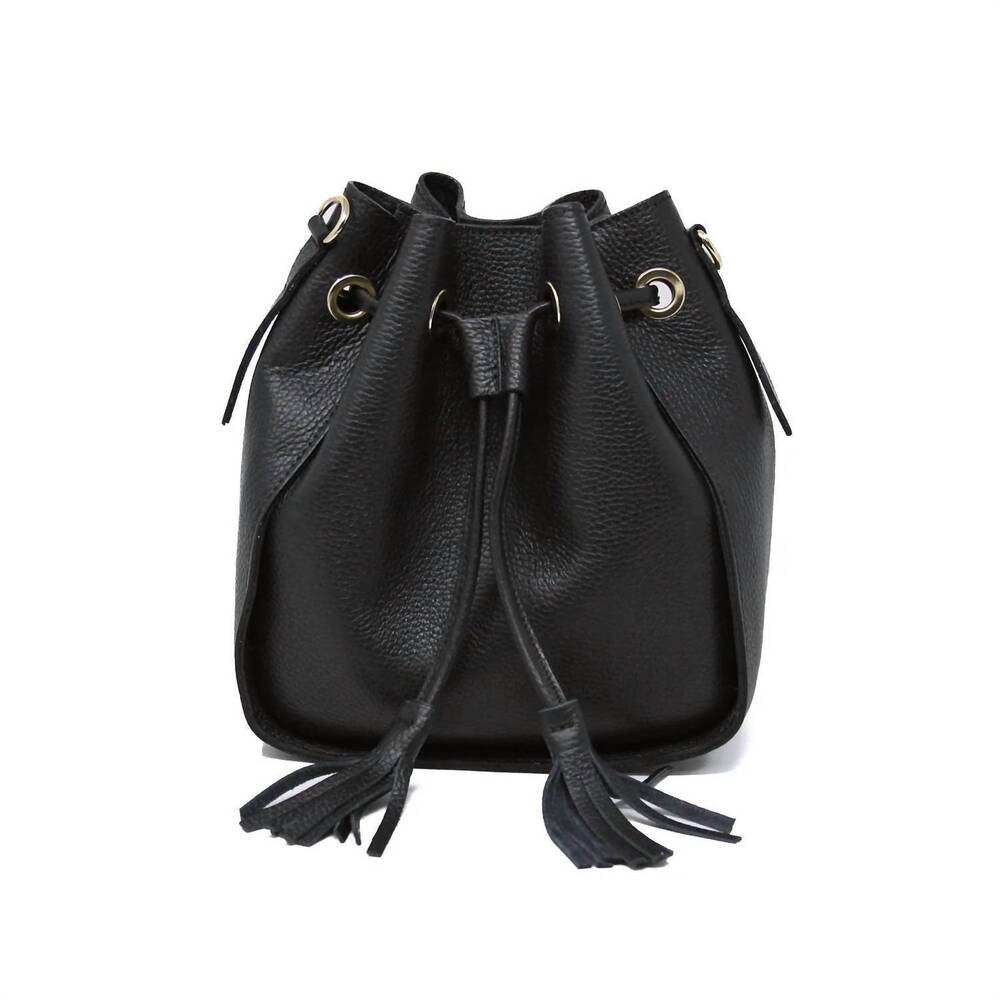 NEW GERMAN FUENTES women's leather bucket bag with tassels in black